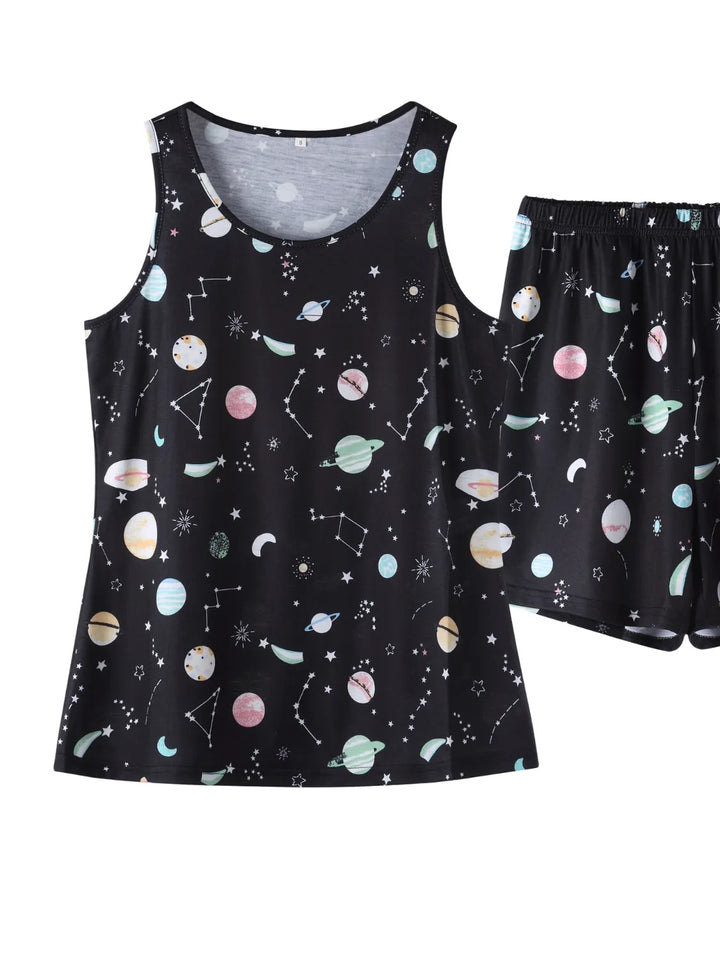 Printed Round Neck Top and Shorts Lounge Set