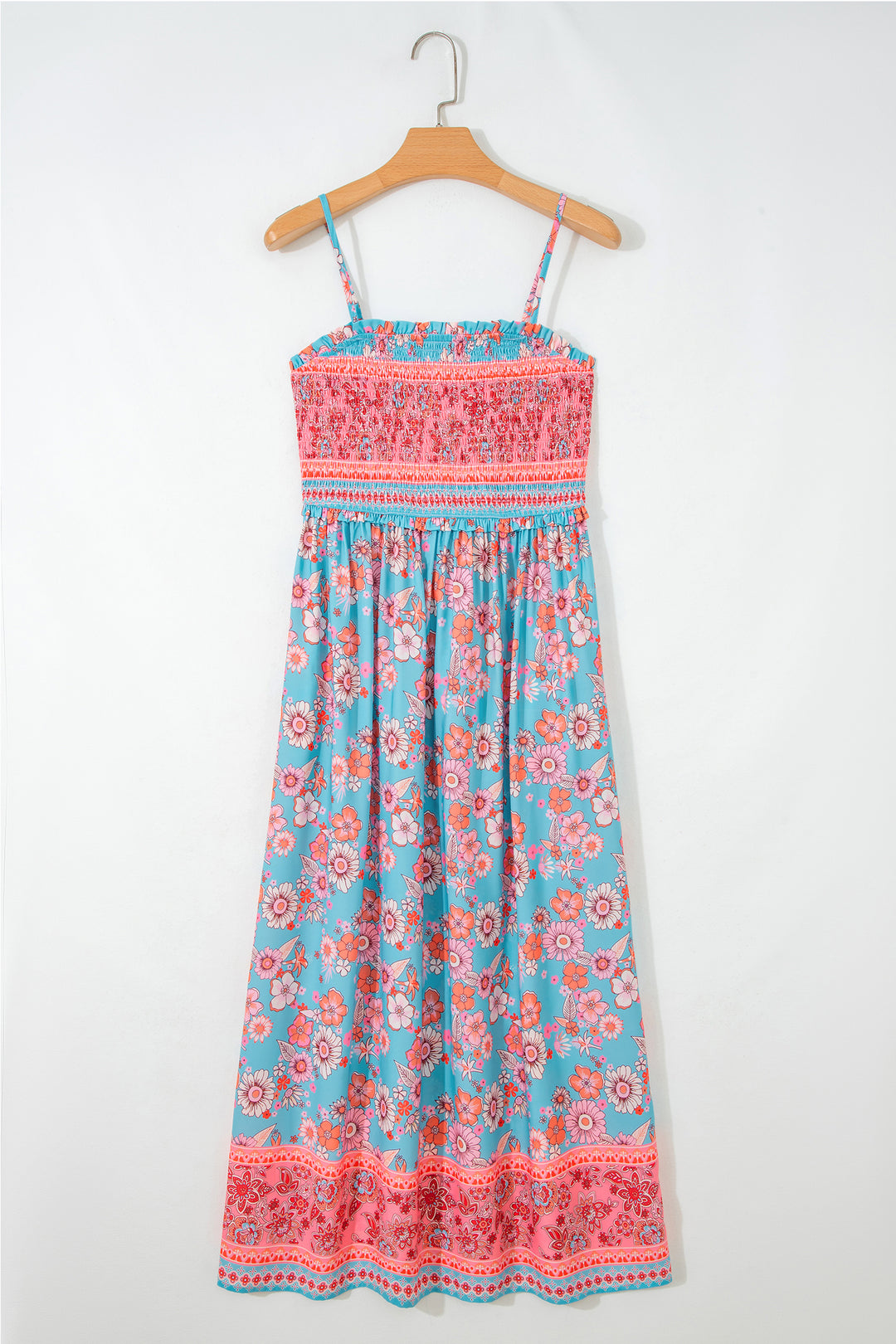 Sky Blue Bohemian Ethnic Print Spaghetti Straps Vacation Maxi Dress