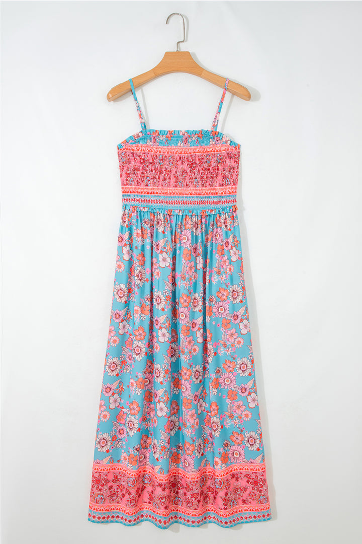 Sky Blue Bohemian Ethnic Print Spaghetti Straps Vacation Maxi Dress