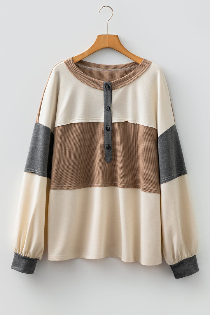 Jet Stream Waffle Patchwork Colorblock Half Buttons Casual Plus Size Knit Jumper