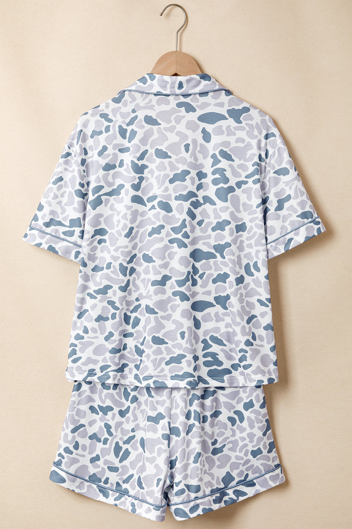Beige Camouflage Print Lapel Shirt Drawstring 2pcs Short Pajama Set