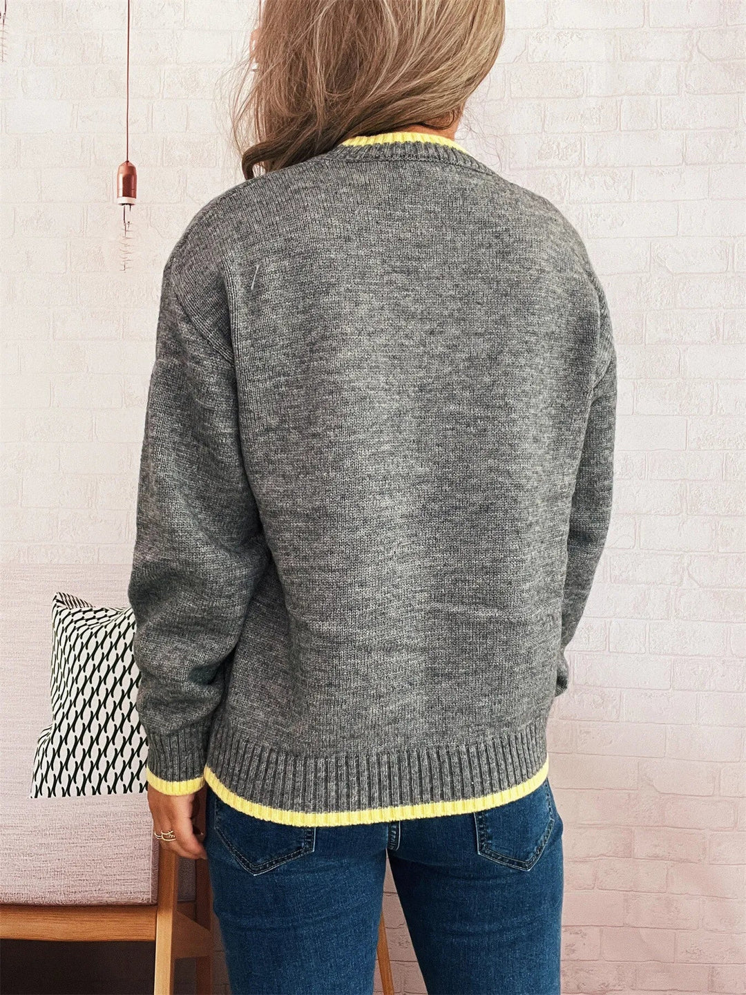 Ribbed Contrast Trim Long Sleeve Sweater