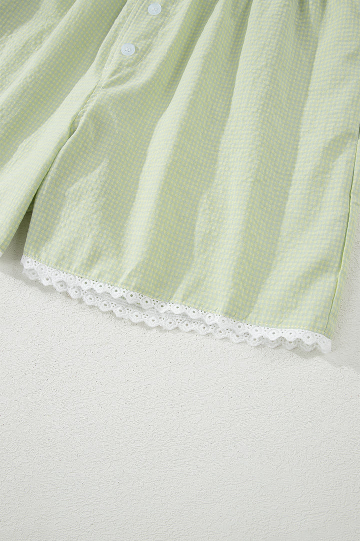 Green Gingham Plaid Button Detail Lace Trim Boxer Shorts