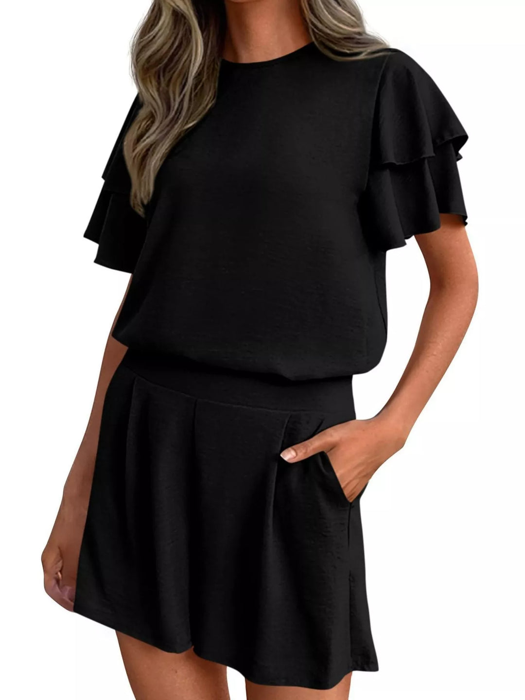 Ruffle Sleeve Top and Shorts Two-Piece Set