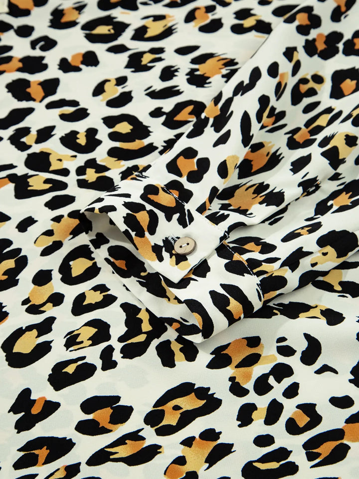 Leopard Print Contrast Striped V Neck Blouse