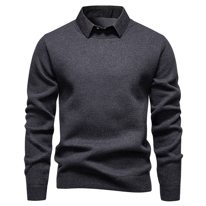 Mens Faux Two-piece Base-layer Knit Casual Shirt-collar Sweater