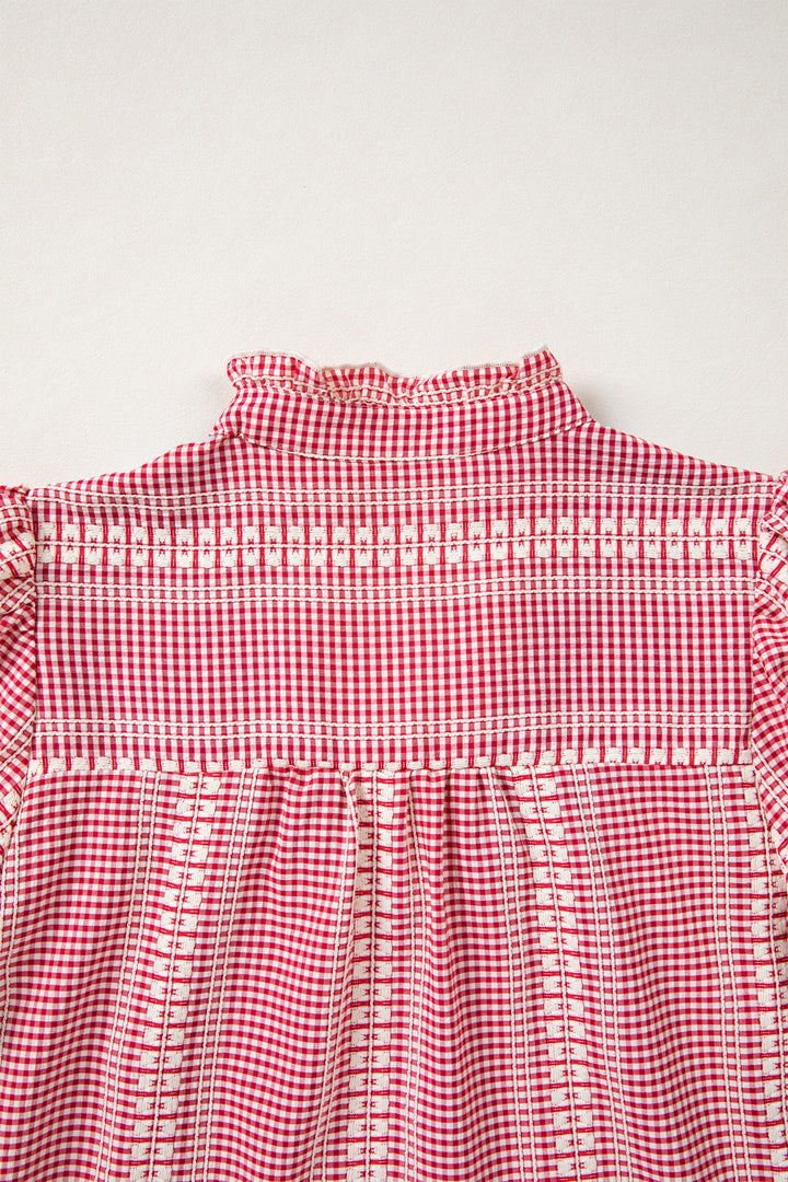 Red Western Pony Embroidered Yoke Puff Sleeve Gingham Blouse