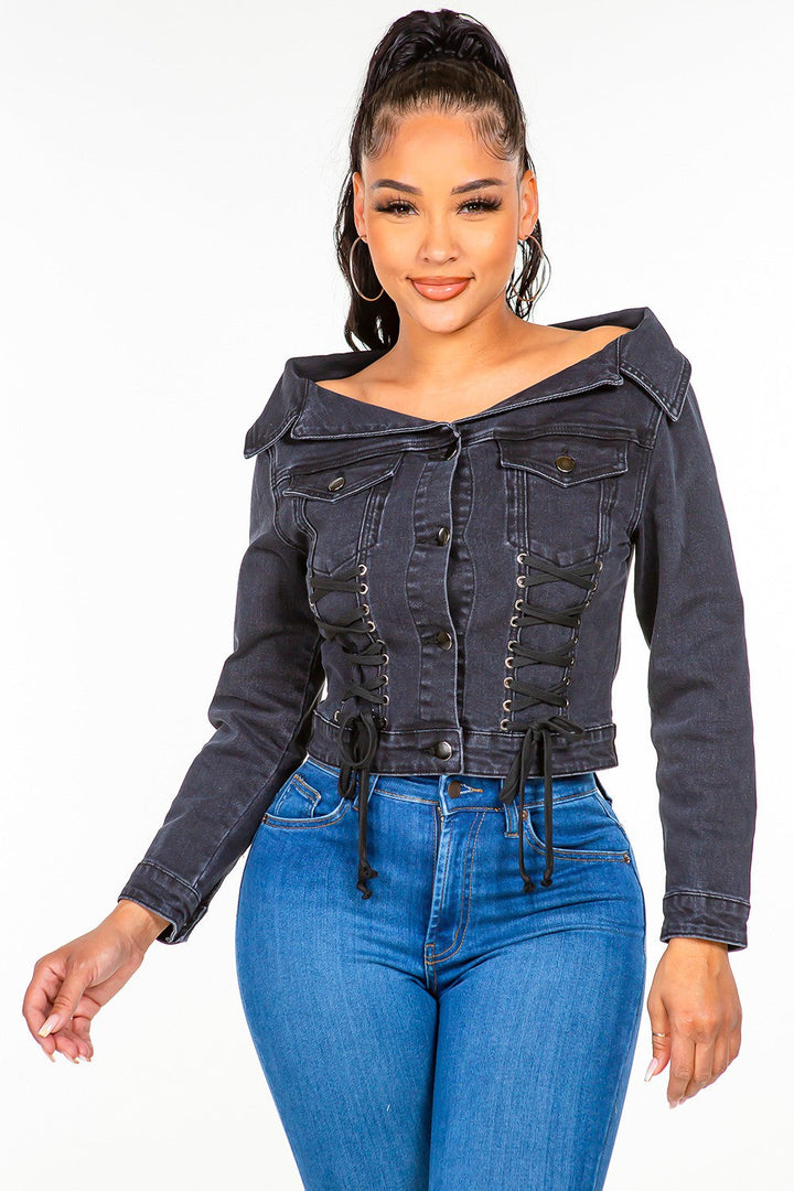 Women's Off-Shoulder Lace-Up Denim Jacket