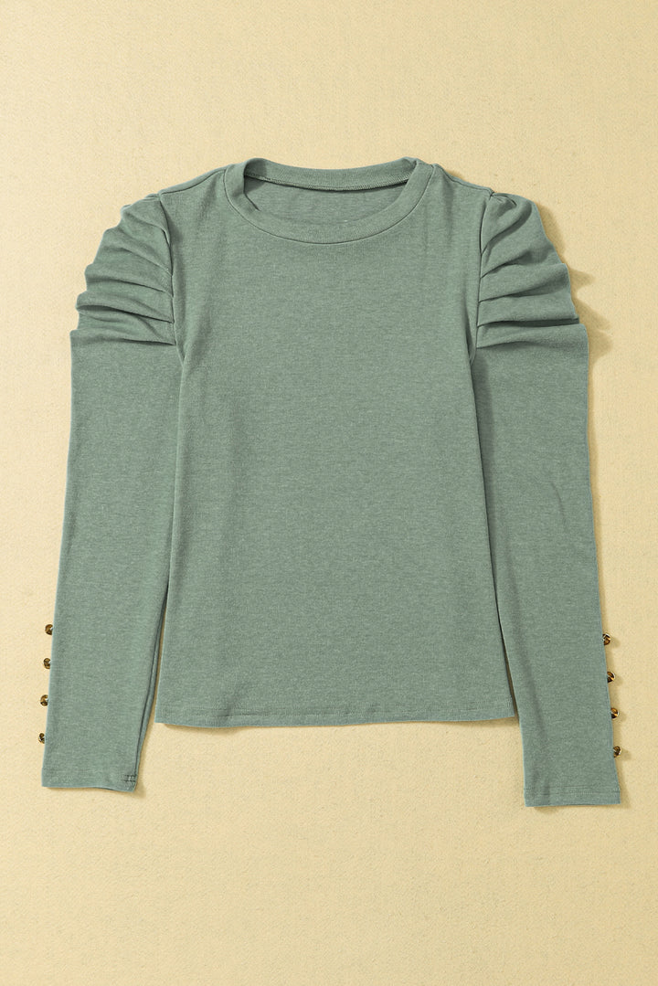 Green Buttoned Puff Long Sleeve Sheath Top