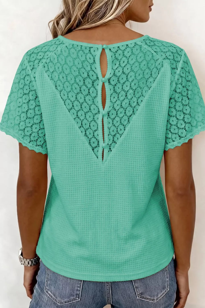 Lace Splicing Button Cutout V Neck Waffle Knit Blouse