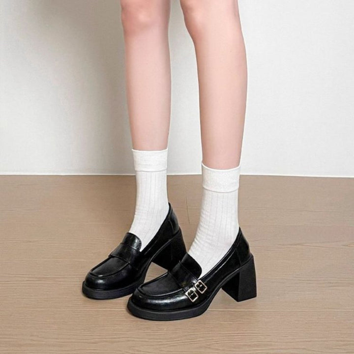 New Autumn British Style Platform Loafers For Women, Round Toe Flats With Metal Buckle Strap & Soft Sole