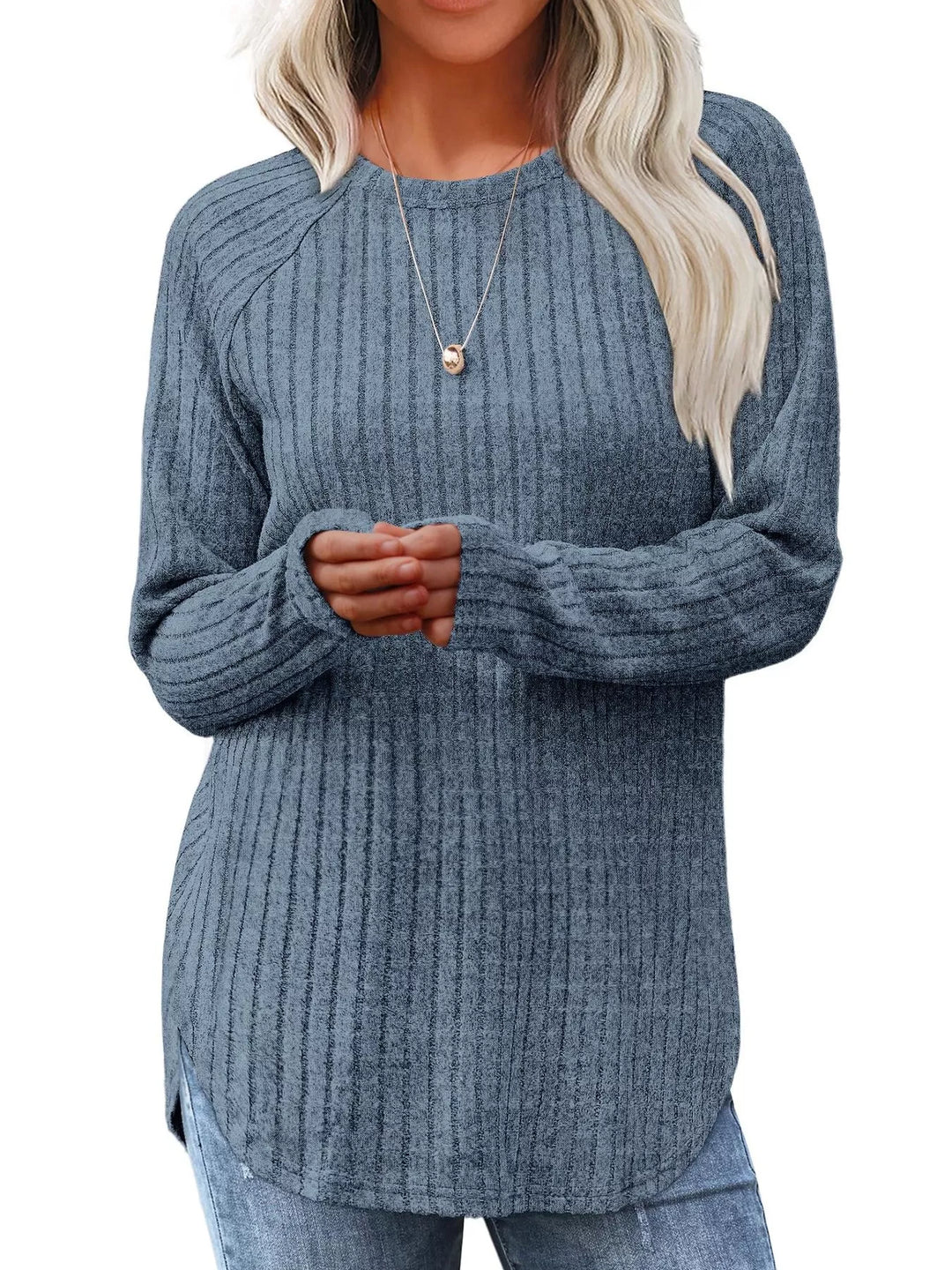 Ribbed Knit Long Sleeve T-Shirt