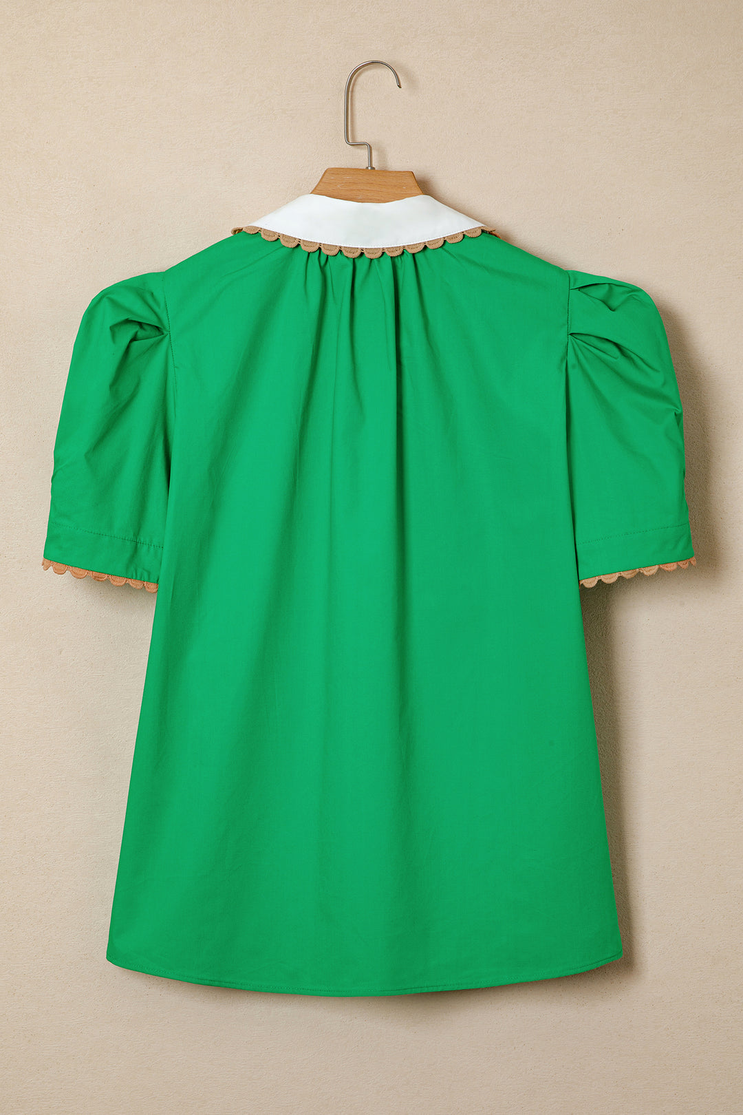 Bright Green Ricrac Trim Color Block Patchwork Shirt Collar Short Sleeve Blouse