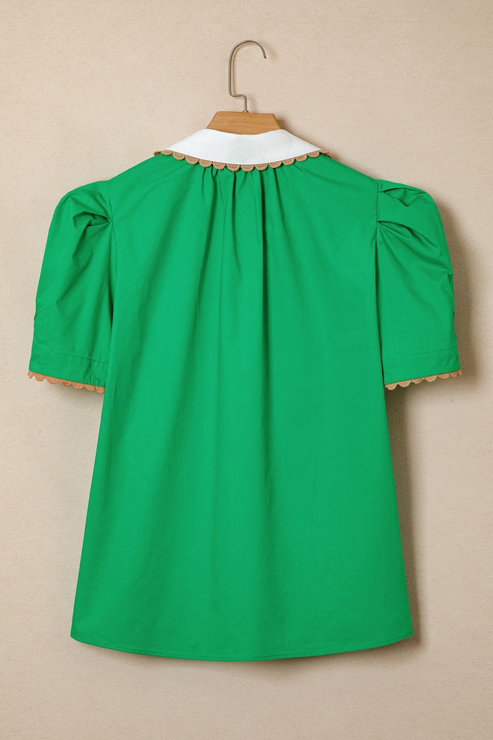 Bright Green Ricrac Trim Color Block Patchwork Shirt Collar Short Sleeve Blouse