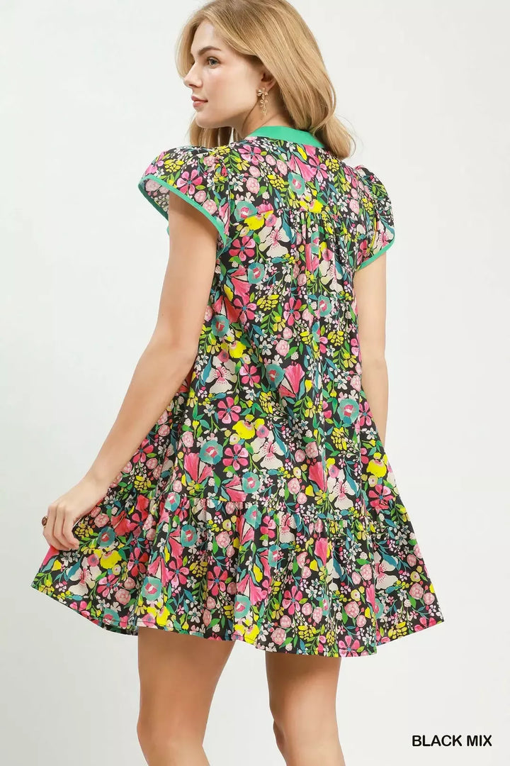 Umgee Floral Flutter Sleeve Tiered Mini Dress