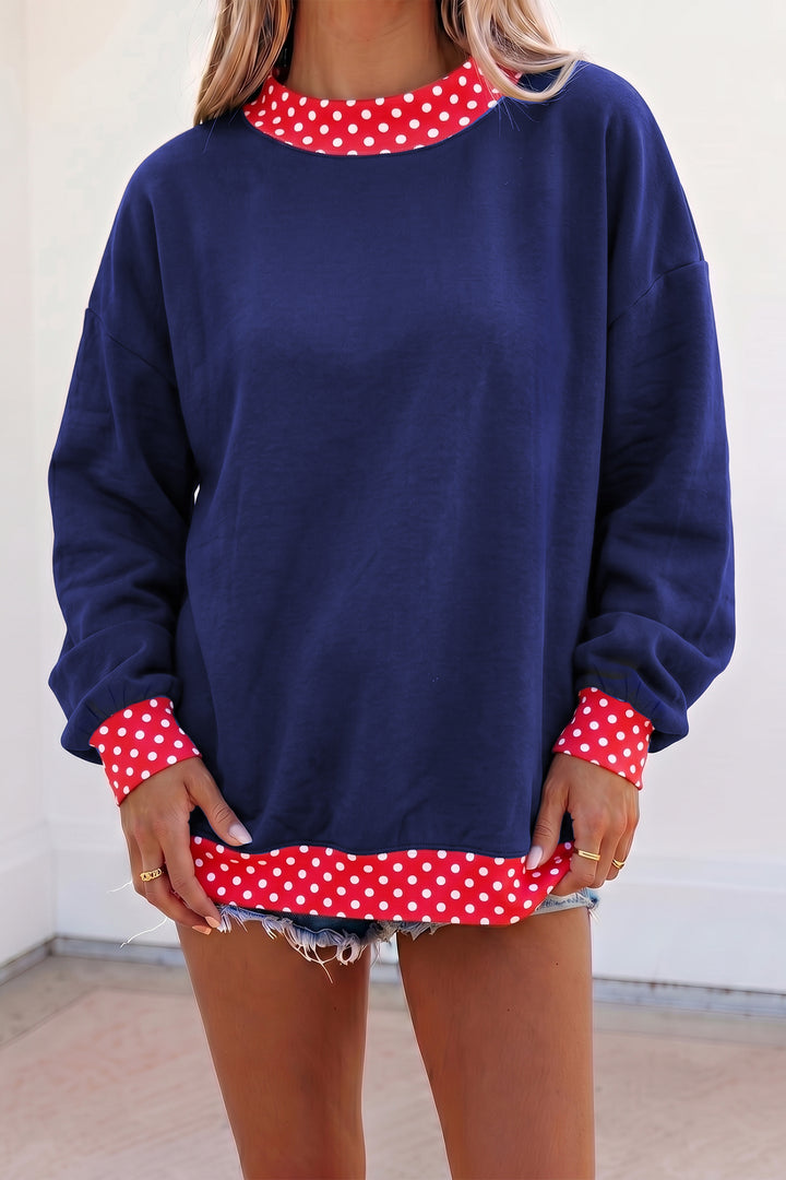 Brown Colorblock Polka Dot Contrast Trim Oversized Sweatshirt