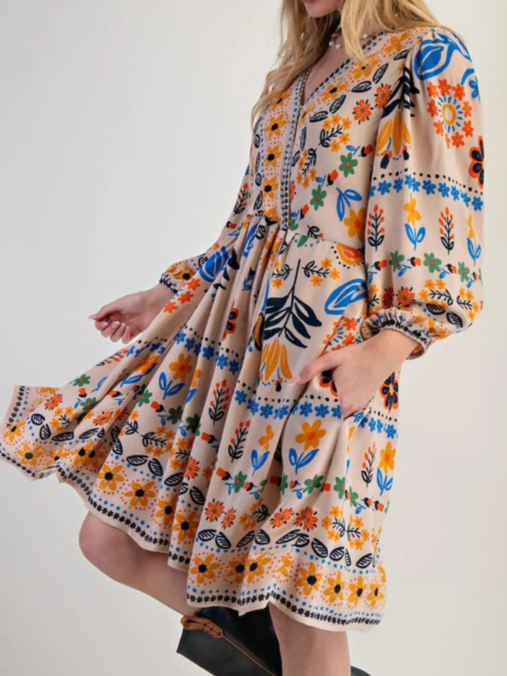 Bohemian Floral Print Long Sleeve Mini Dress