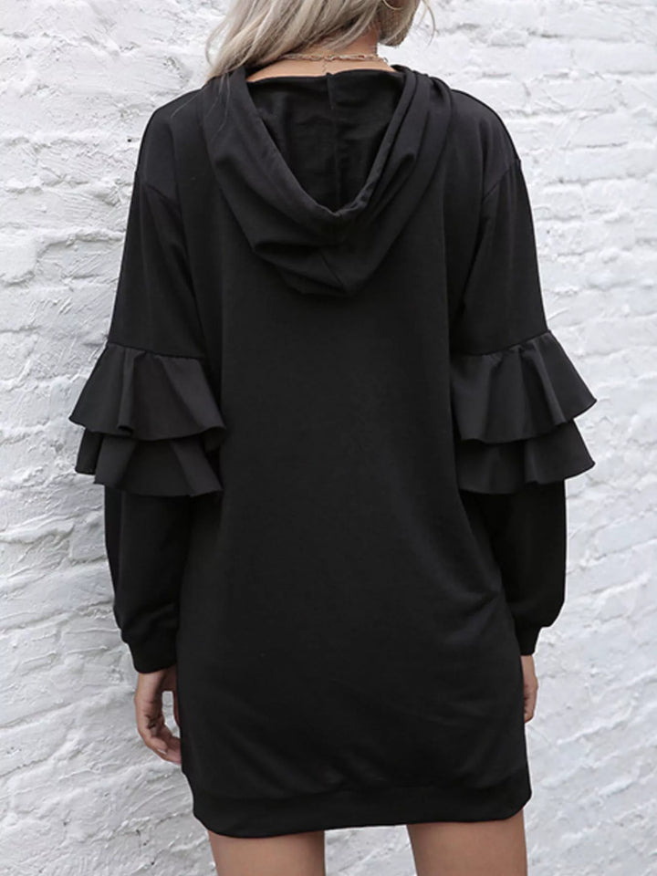 Ruffled Drawstring Long Sleeve Hooded Dress