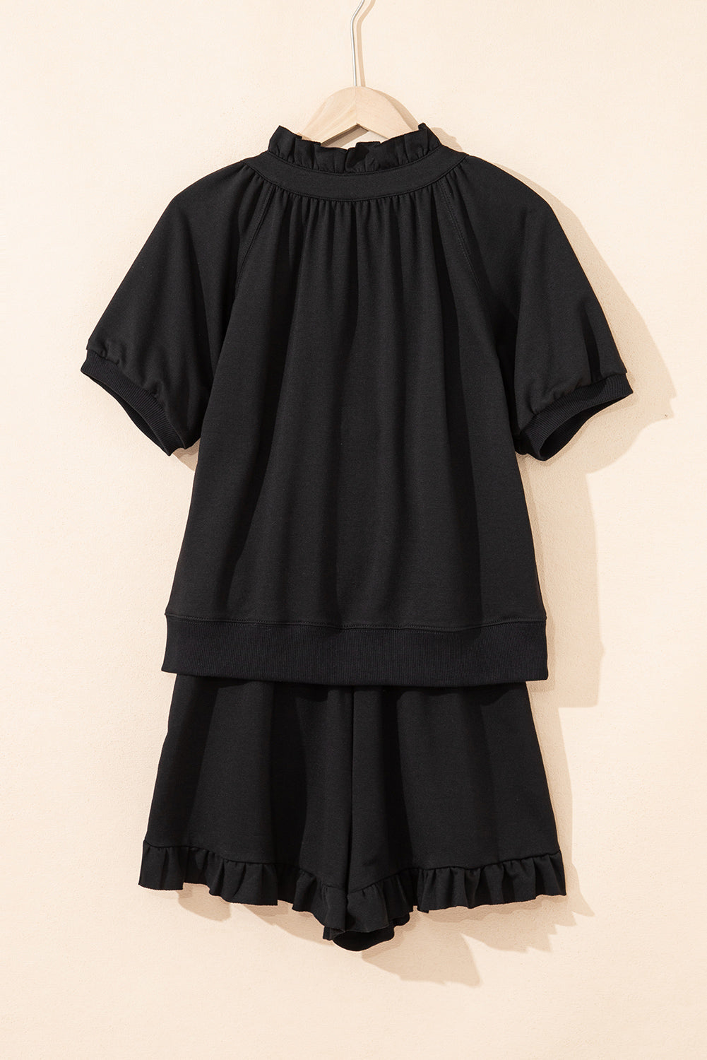 Black Half Zip Puff Sleeve Top and Ruffled Shorts Set