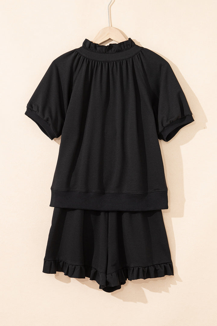 Black Half Zip Puff Sleeve Top and Ruffled Shorts Set
