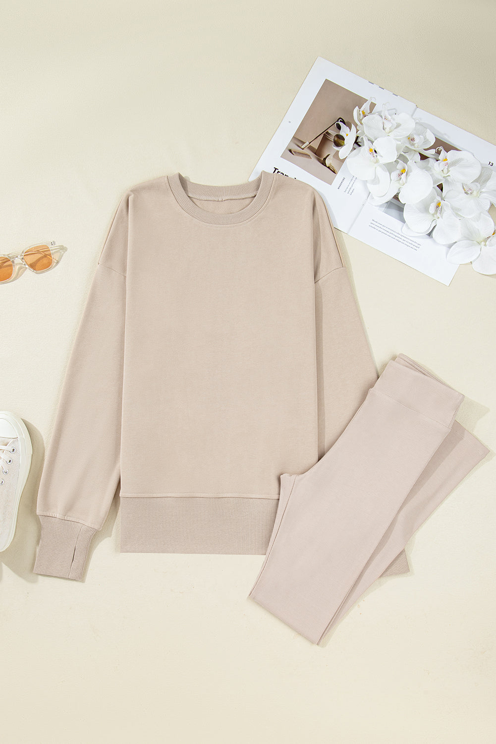 Jet Stream Solid Color Oversize Slit Sweatshirt Ribbed Leggings 2pcs Set
