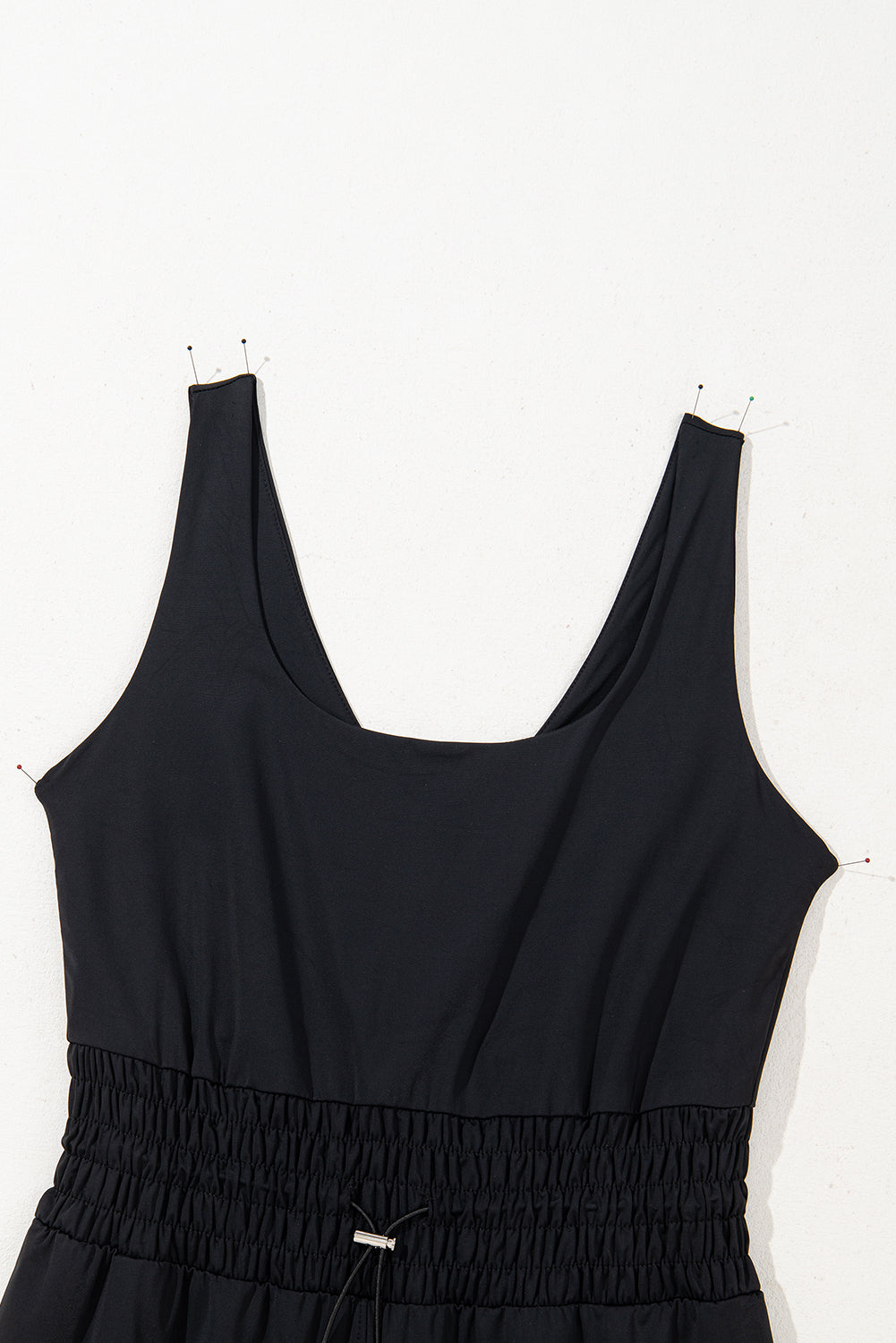 Black Plain Sleeveless Loop Drawstring Cinched Waist Romper