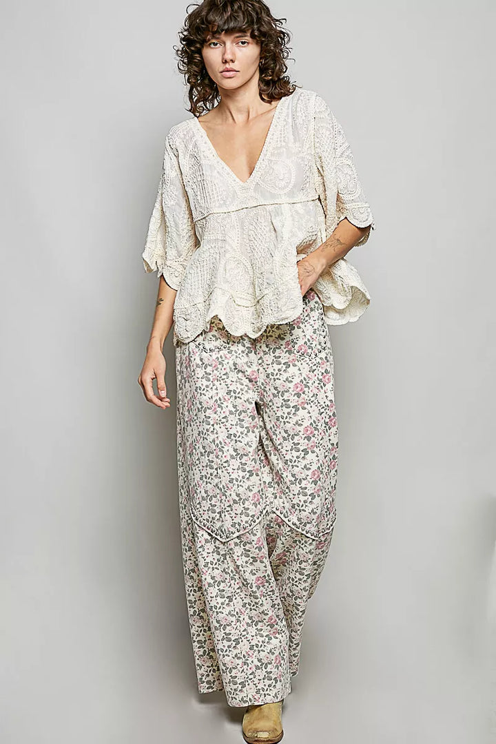 POL V-Neck Crochet Blouse with Scalloped Hem