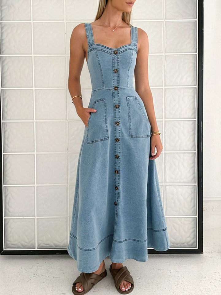 Decor Button Front A-Line Denim Dress