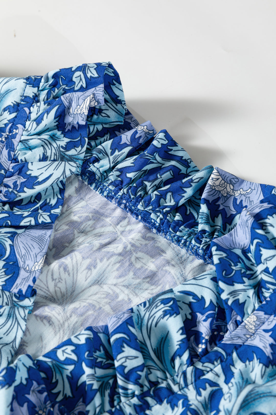 Sky Blue Floral Printed Frilled V Neck Bracelet Sleeve Long Dress