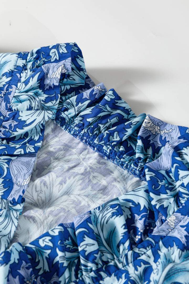 Sky Blue Floral Printed Frilled V Neck Bracelet Sleeve Long Dress