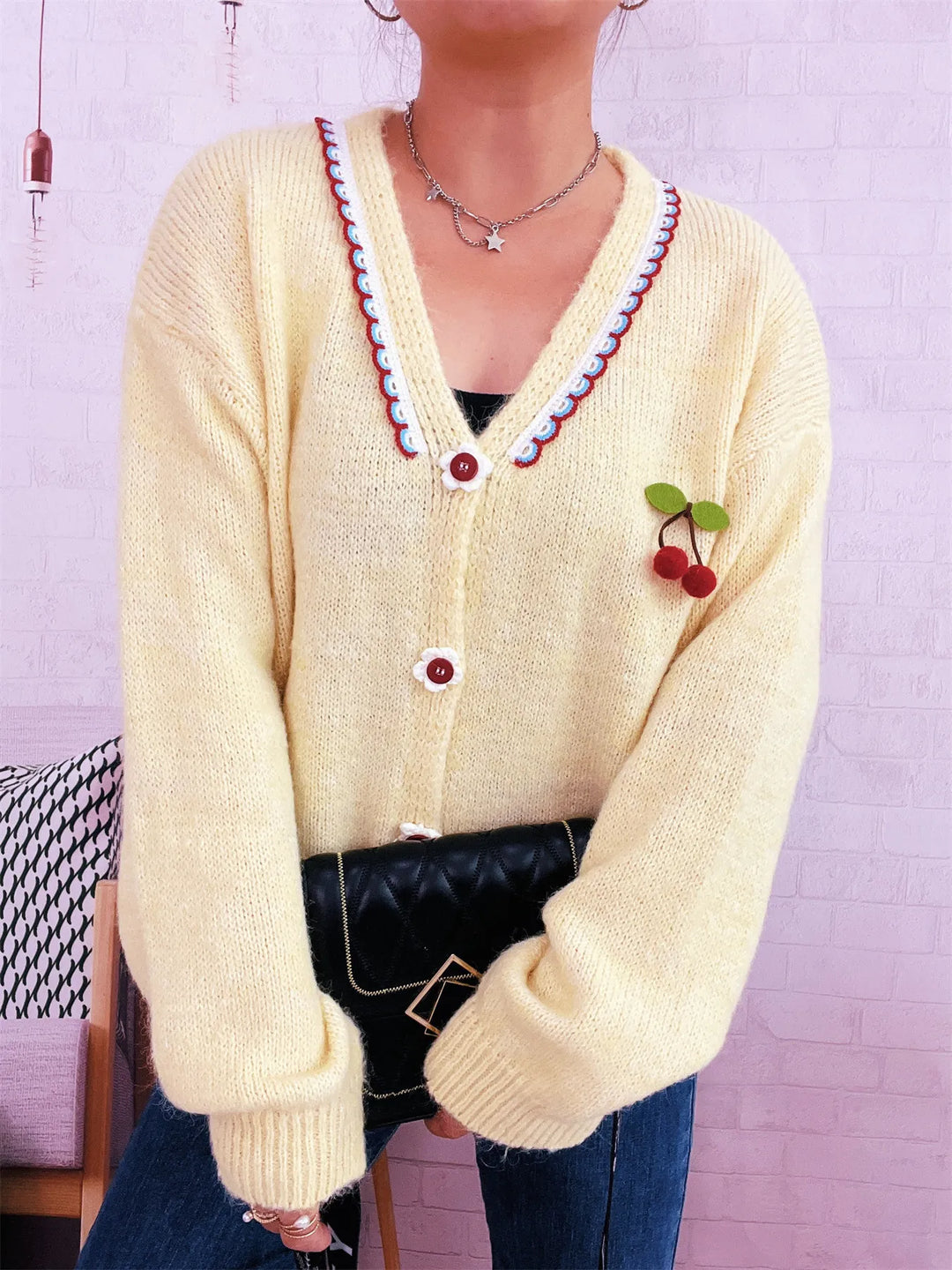 Cherry Button-Front Long Sleeve Cardigan