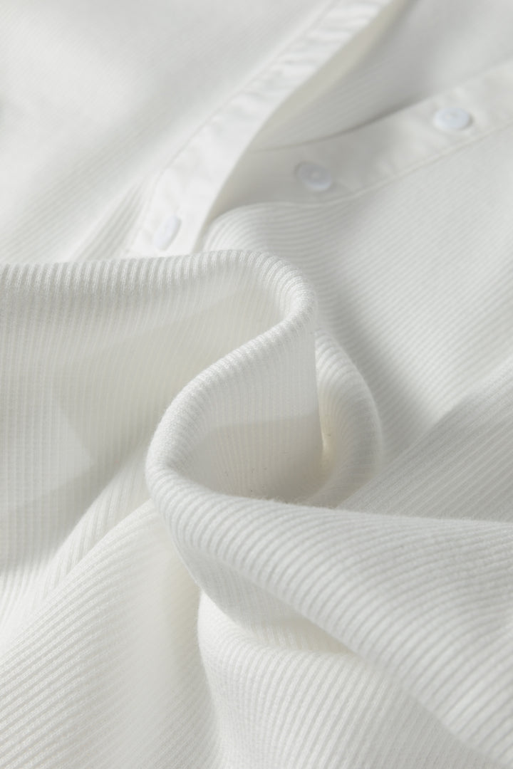 White Button Placket 3/4 Striped Sleeve Patchwork Rib Knit Top