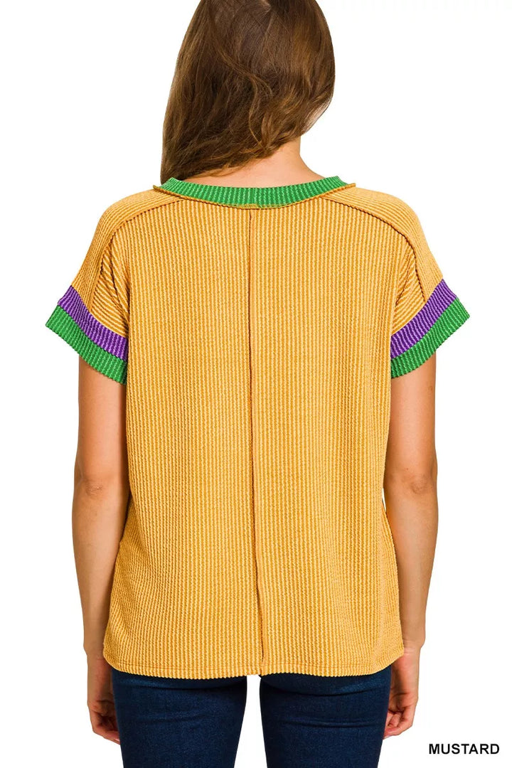 Zenana Mardi Gras Raised Rib Contrast Trim Top