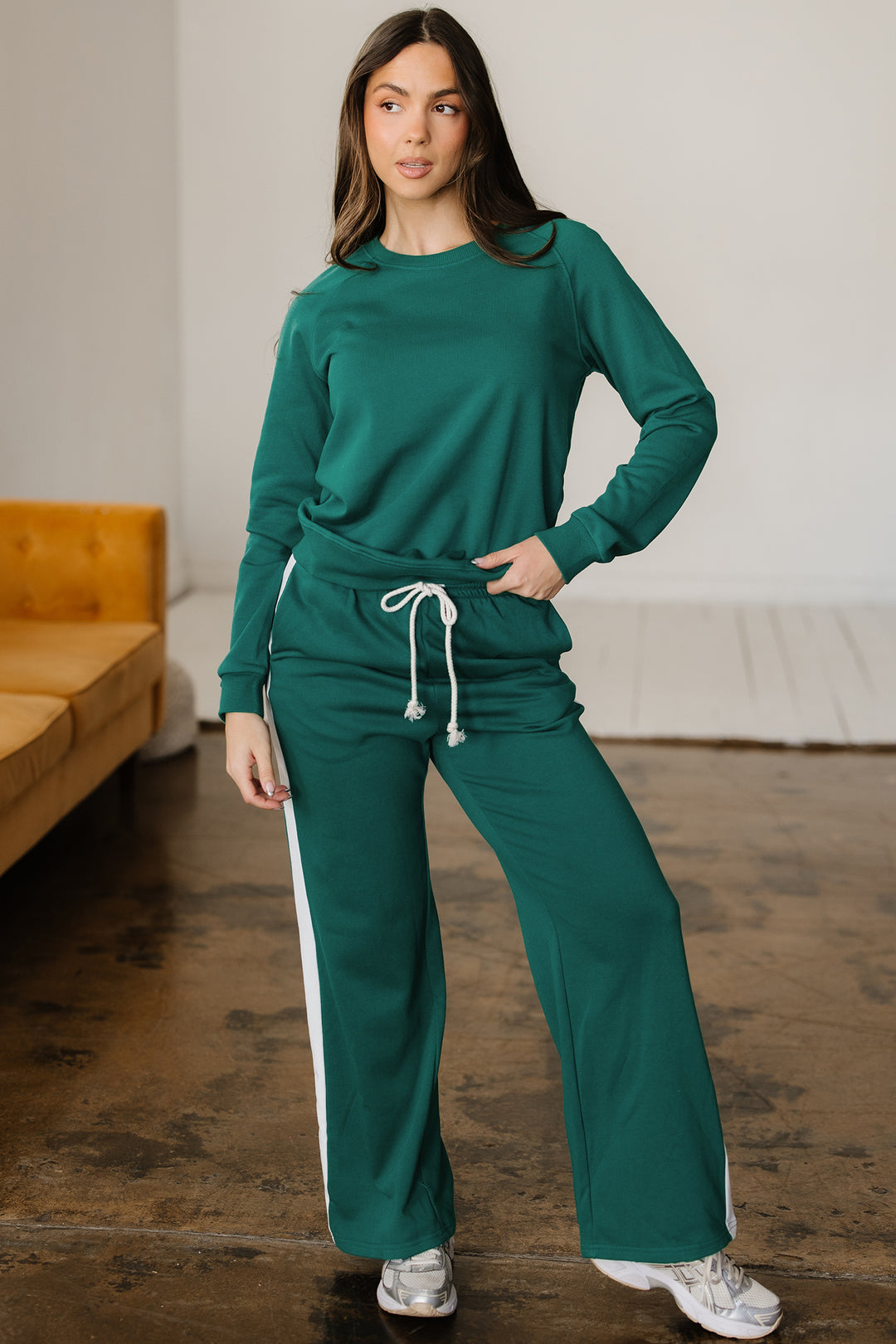 Sea Green Solid Color Pullover Top Varsity Stripe Detail Loose Drawstring Pants Set