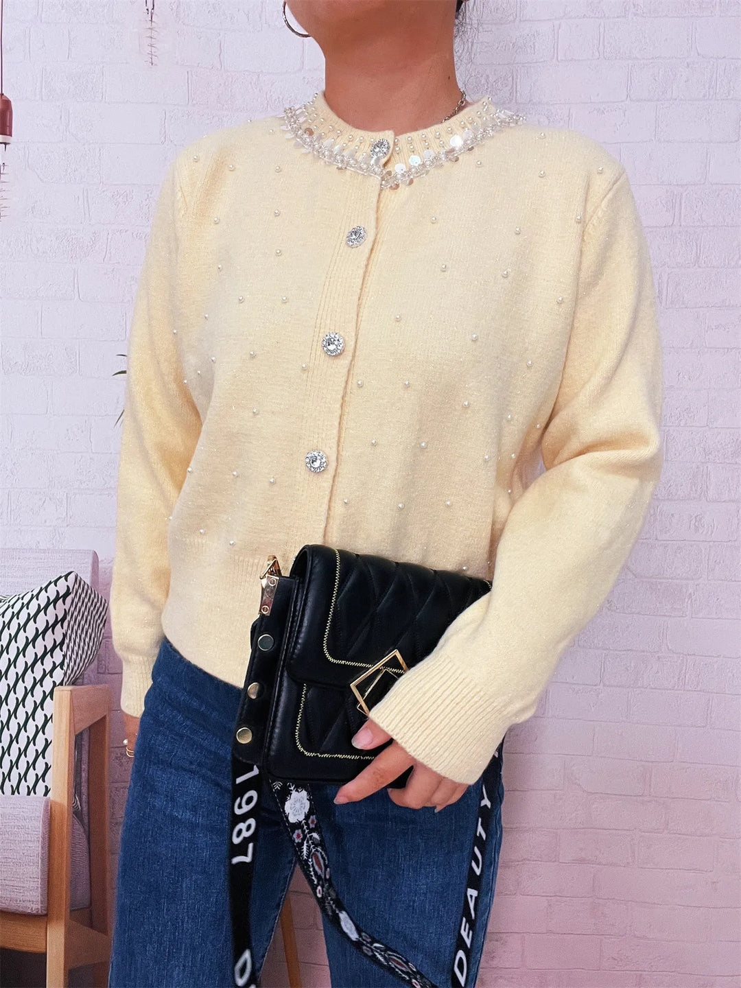 Pearl Detail Button-Front Cardigan