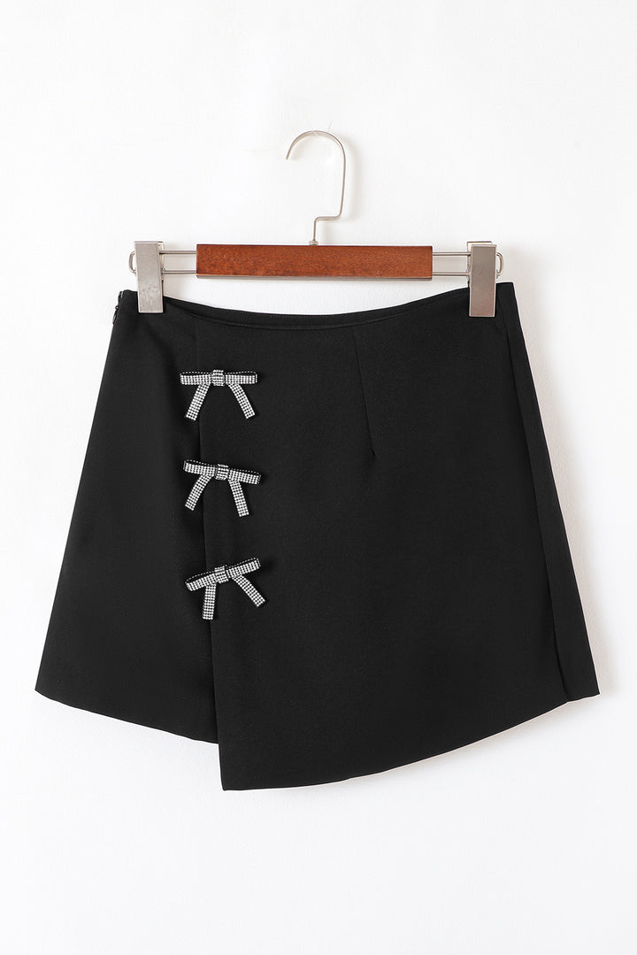 Black Rhinestone Bow Wrap High Waist Mini Skirt