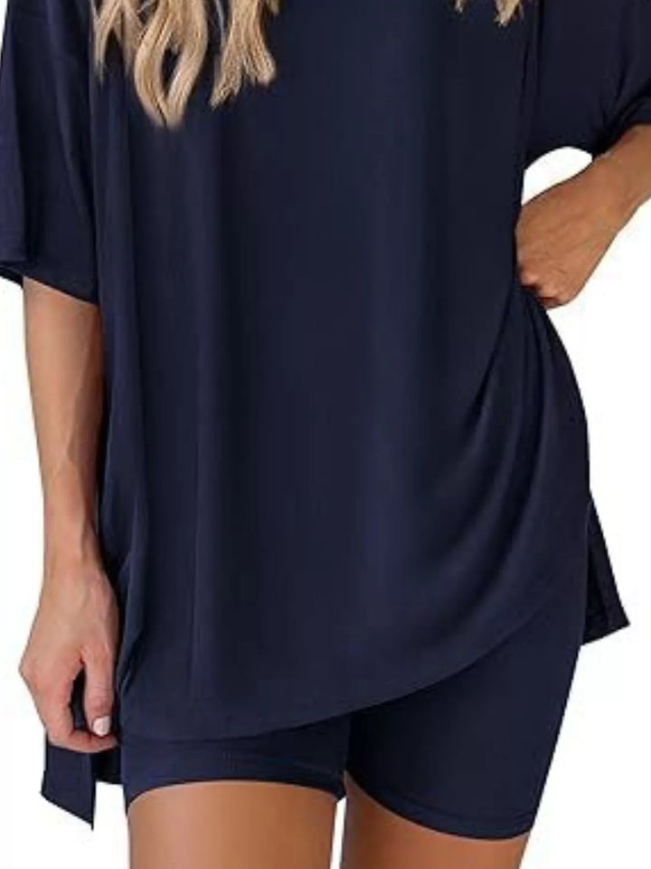 Full Size Relaxed Fit Round Neck Top and Shorts Two-Piece Set Plus Size