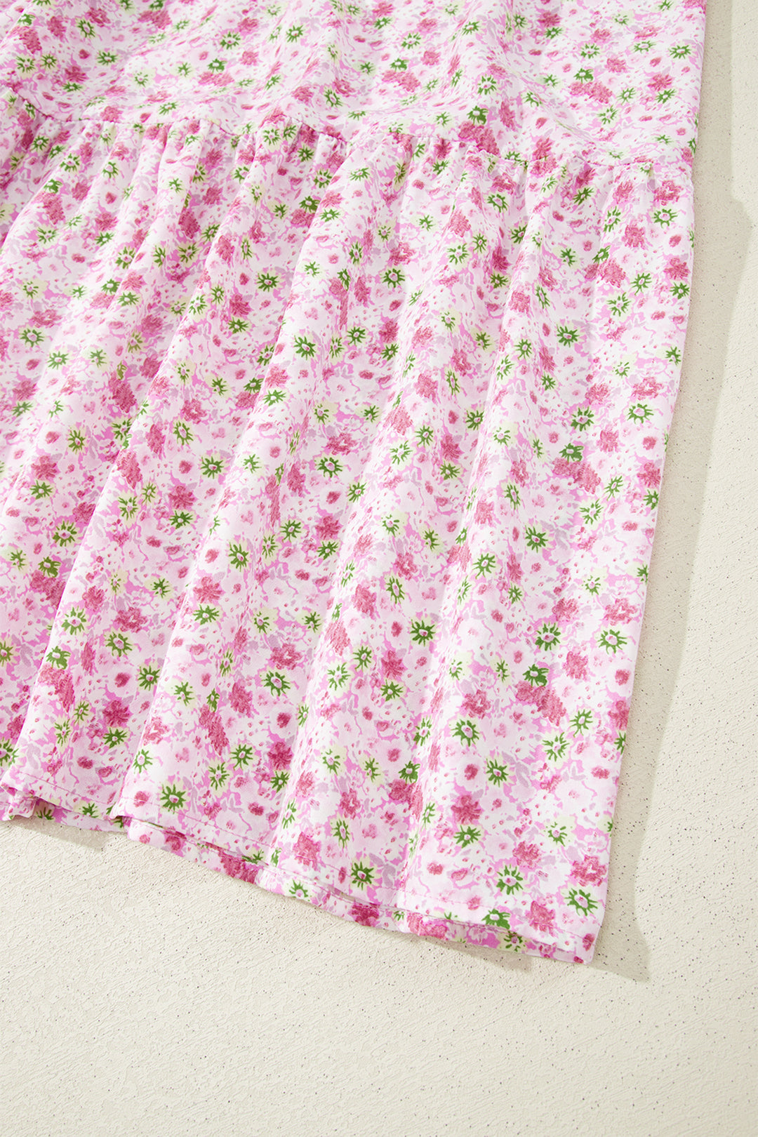 Pink Floral Short Bubble Sleeve Shirred High Waist Maxi Dress