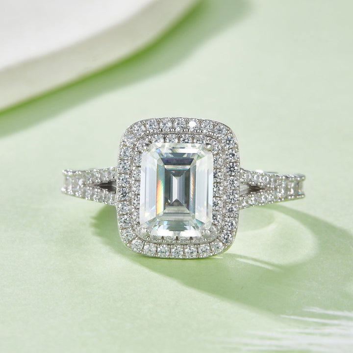 3 Carat Emerald Cut Moissanite Engagement Ring, Double Halo Split Shank S925 Silver Platinum Plated D Color VVS1 With GRA, US 5-9.