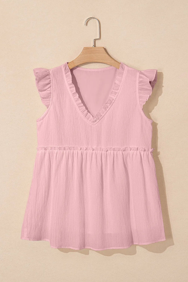 Ruffled Trim V Neck Flutter Flowy Top