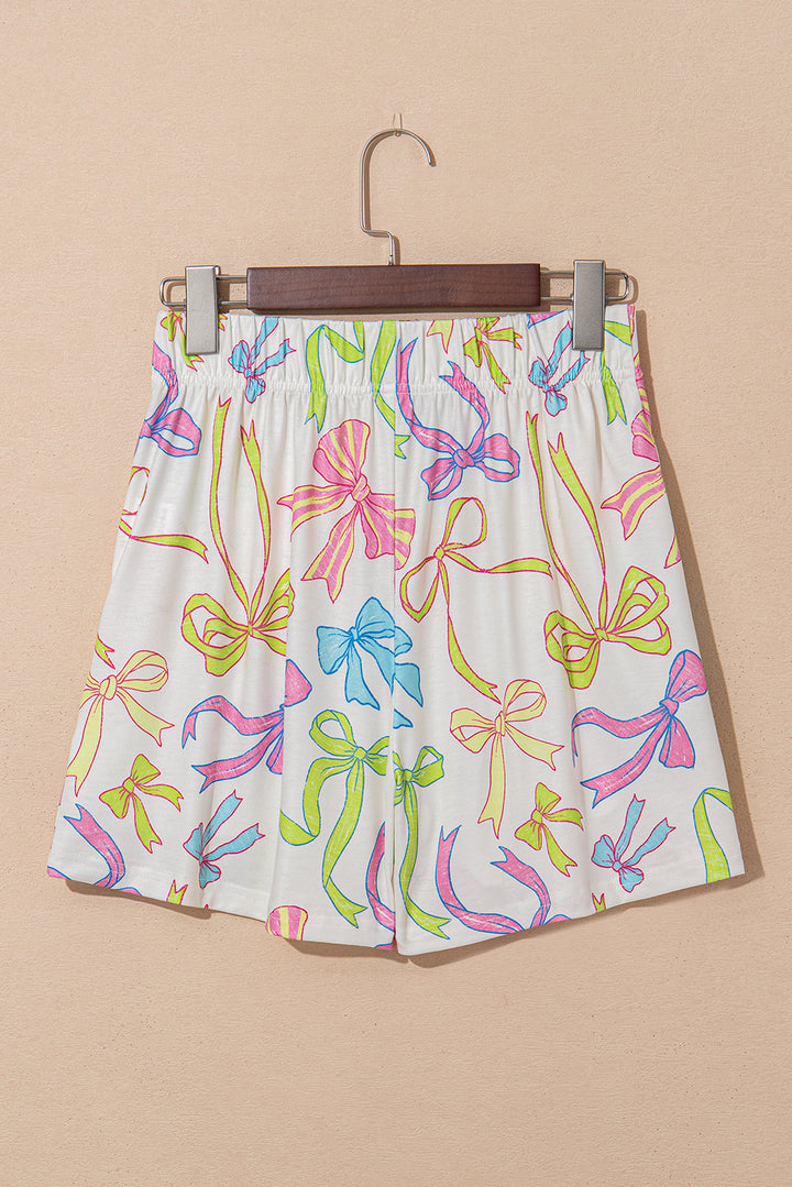White Cheerful Bow Print Elastic Pull On Casual Shorts