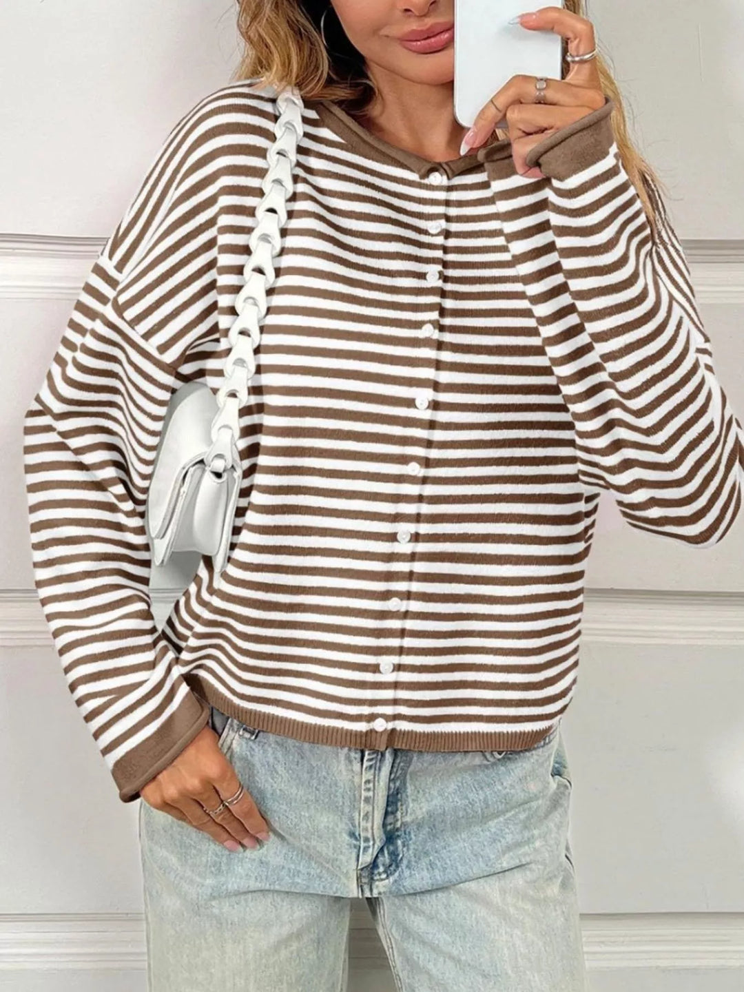 Striped Button-Down Knit Cardigan