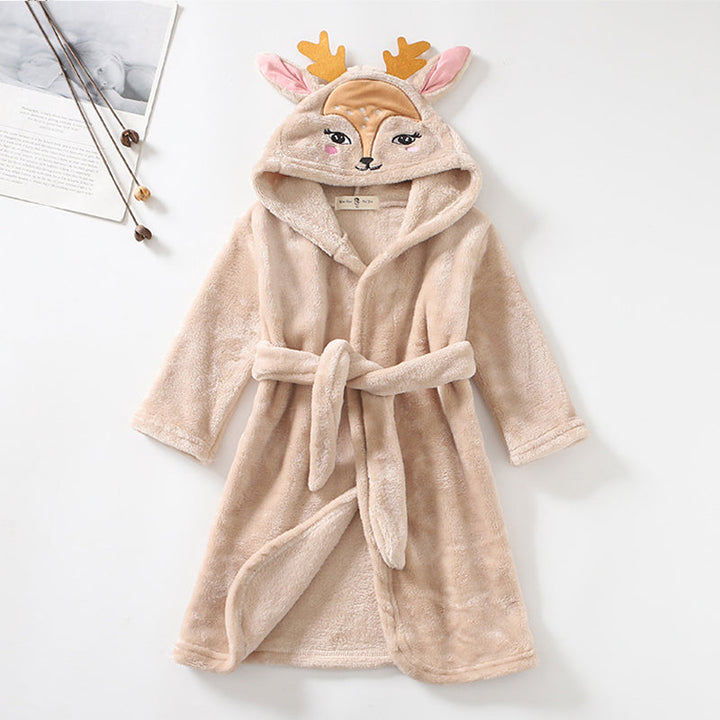 Girls Cartoon Hooded Flannel Lace-up Bathrobe