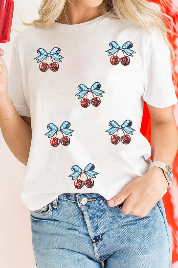 White Coquette Patriotic Cherries Sequin Graphic Tee