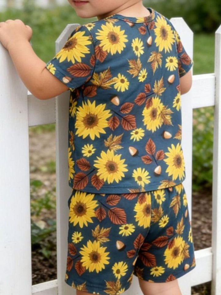 Children's Sunflower & Autumn Leaves Print Tee and Shorts Set