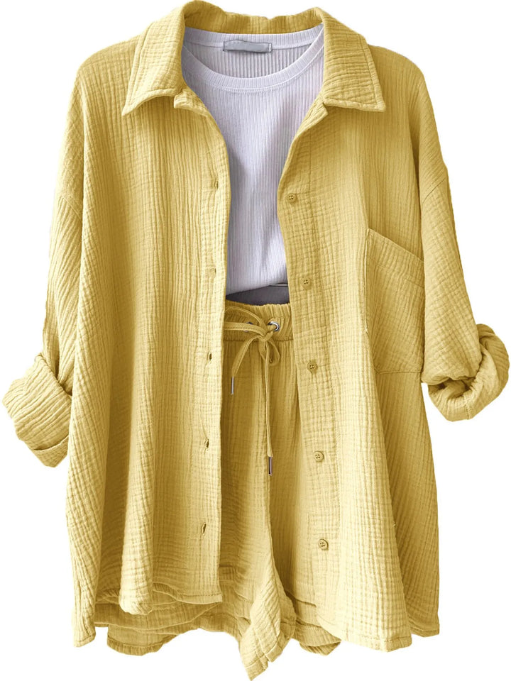 Textured Button Up Shirt and Shorts Set