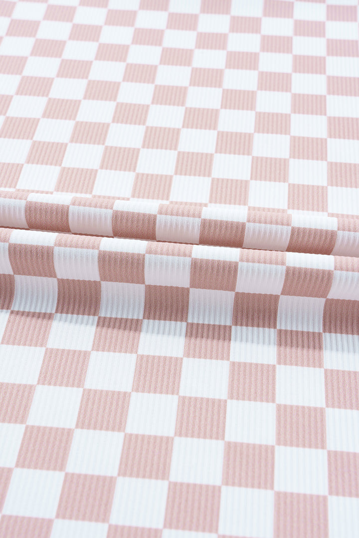Pink Checkered Ribbed Slim Fit Crew Neck T Shirt