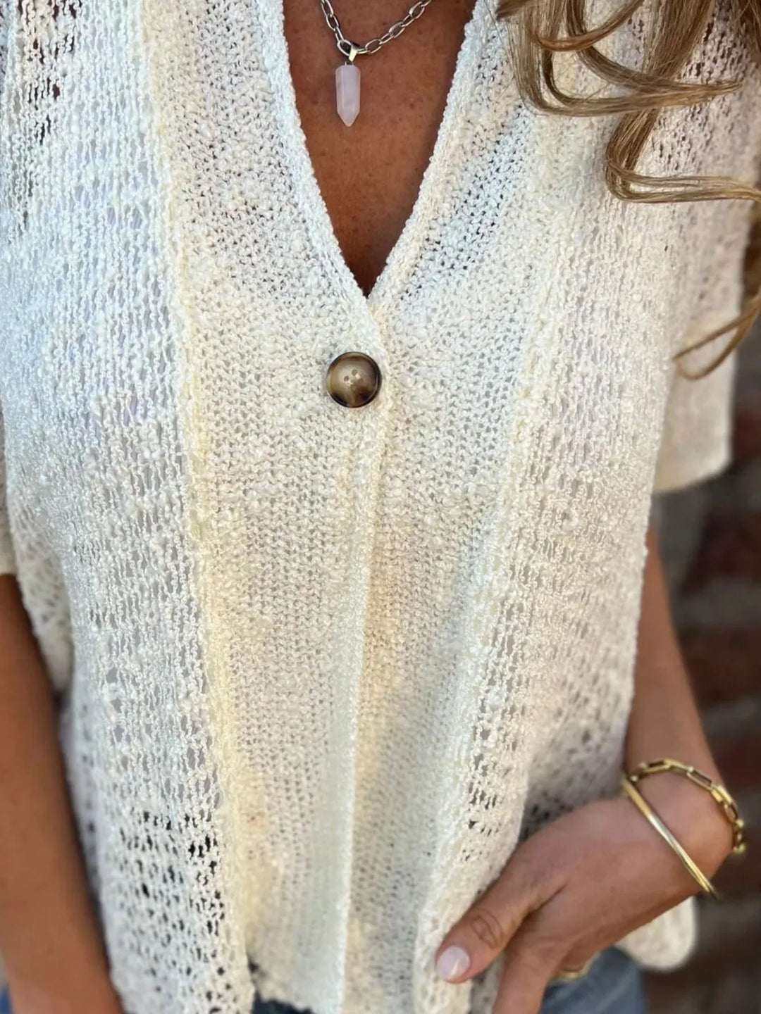 Full Size One Button Openwork Cardigan Plus Size