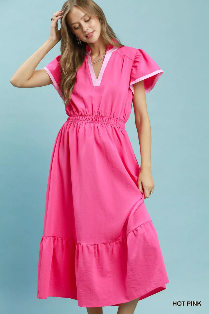 Umgee Contrast Trim Midi Dress with Tiered Ruffle Hem