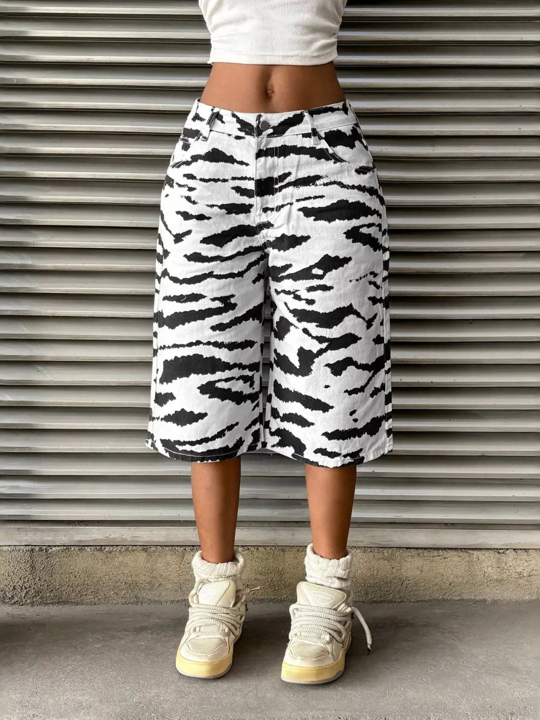 Zebra Print Wide Leg Denim Capris